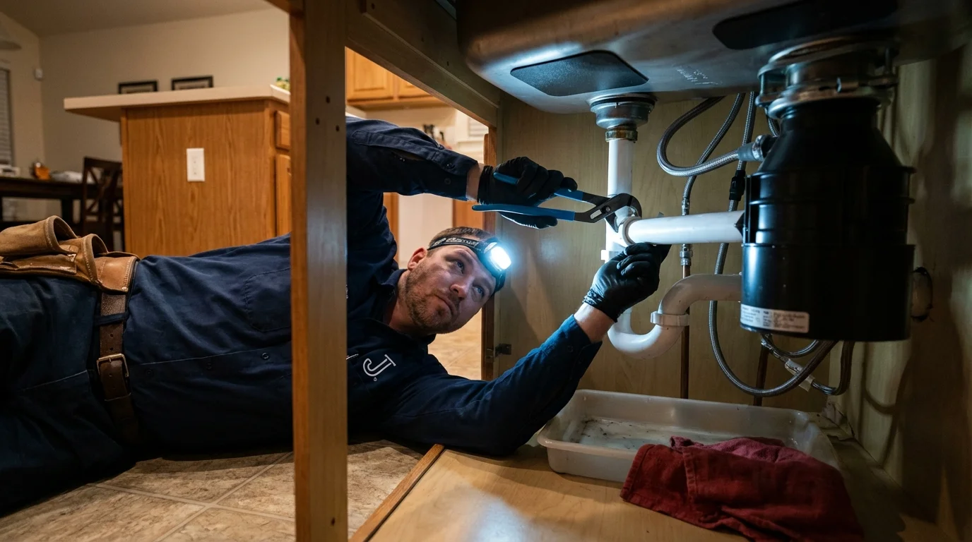 P-trap and supply line connections under a kitchen sink showing a common leak point in Gardner, MA
